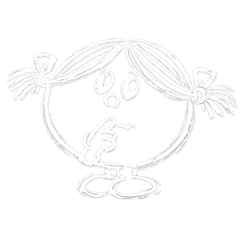 Cartoon character appearing pensive and looking up left, reflecting